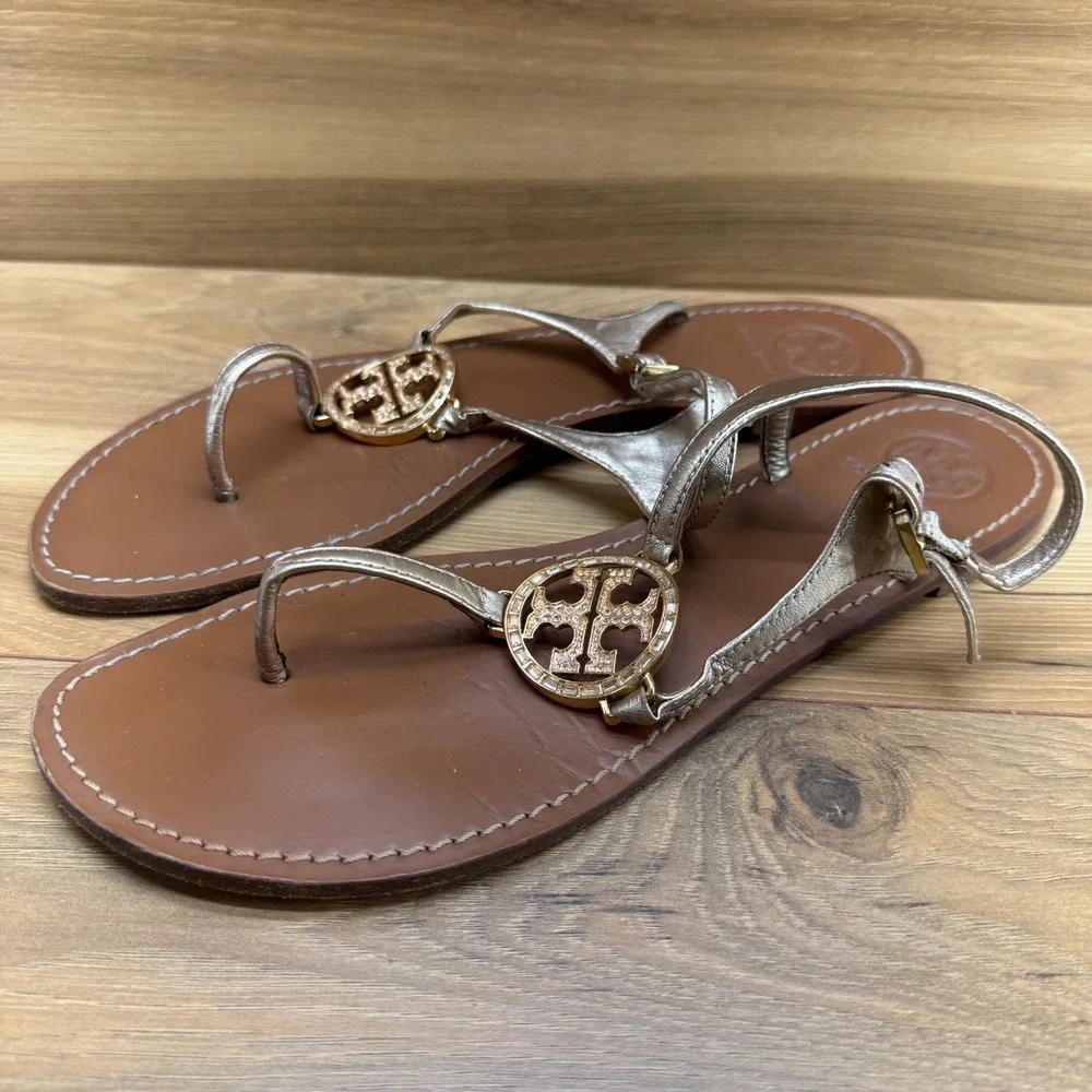 Tory Burch Gold T Strap Sandals Womens 11 M Leather Rhinestones Chic Travel